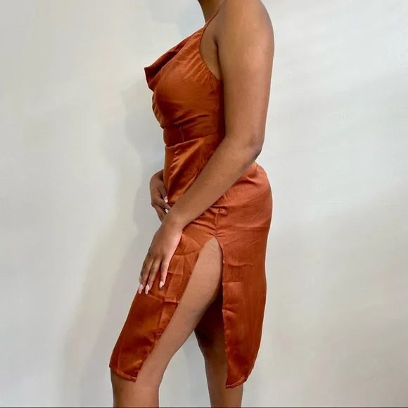 missguided rust satin dress MISSGUIDED Satin Halter Mini Dress With Criss Cross DesignMISSGUIDED